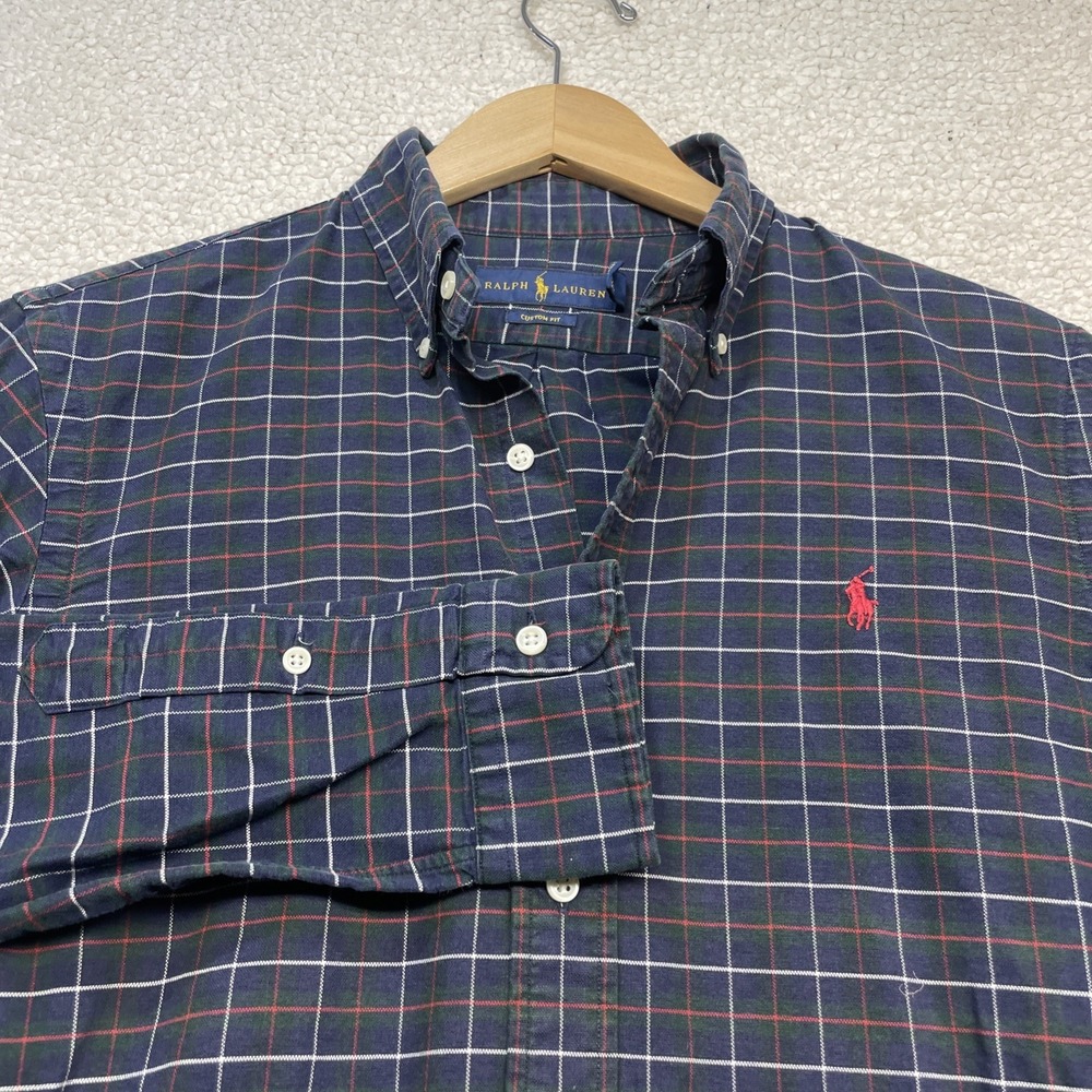 Ralph Lauren Button Down Mens S Navy Blue Plaid Custom Fit Long Sleeve Pony Logo